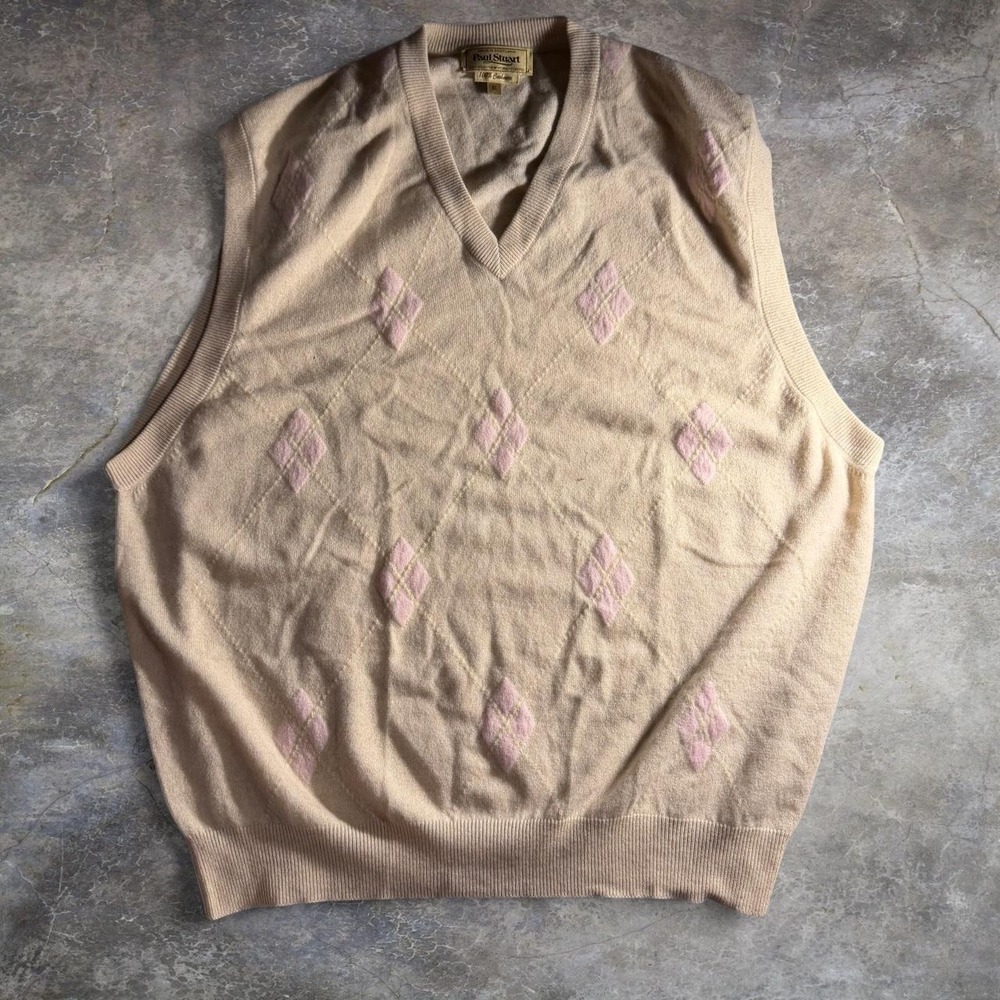 Paul Stuart Mens XL Cashmere Sweater Vest Argyle Cream Pink Made in Scotland